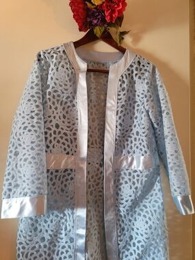 Light Blue Lace Open-Front Blazer with Satin Trim